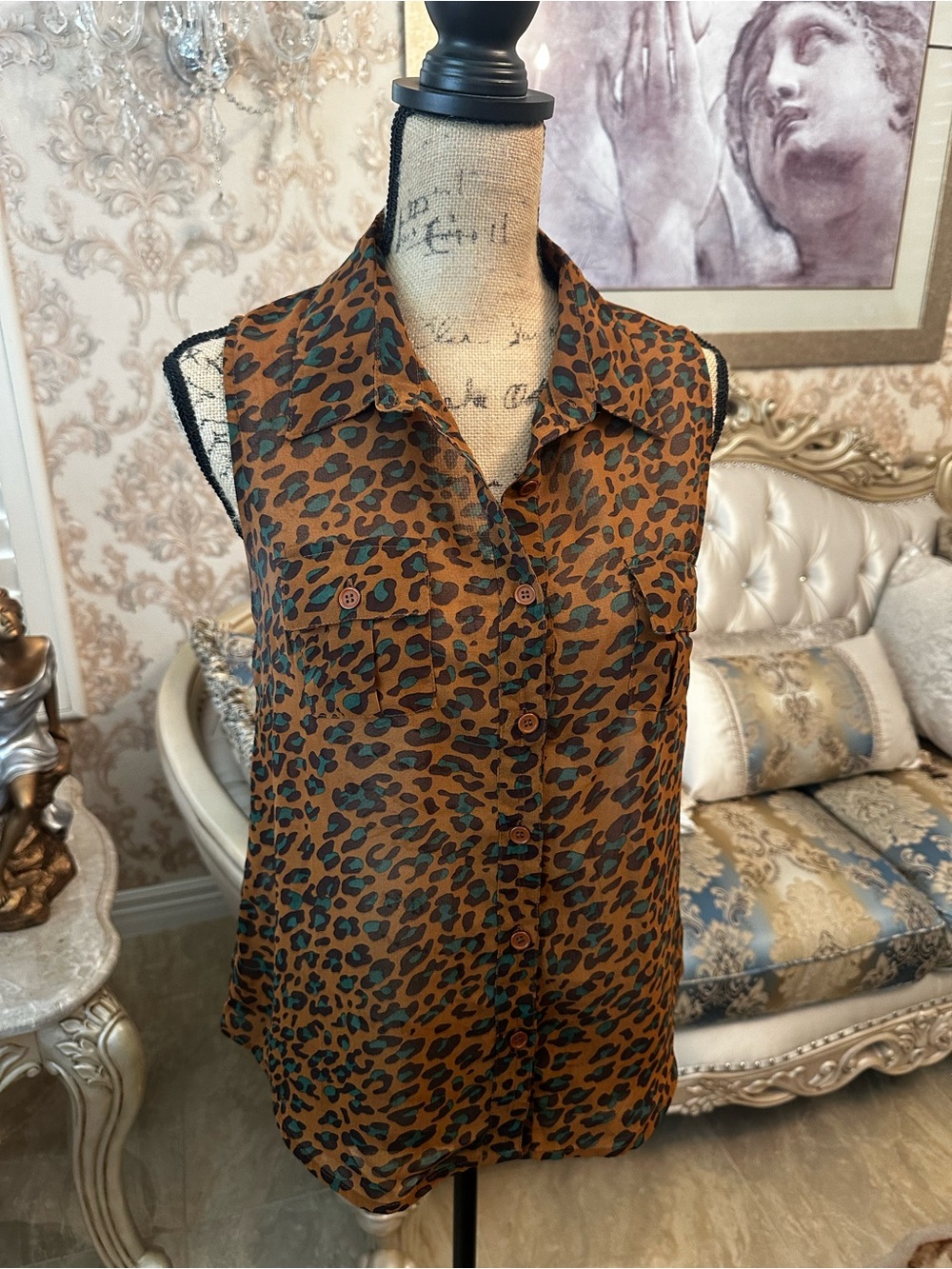 Papaya Brown and Black Leopard Print Sleeveless Button-Front Camisole